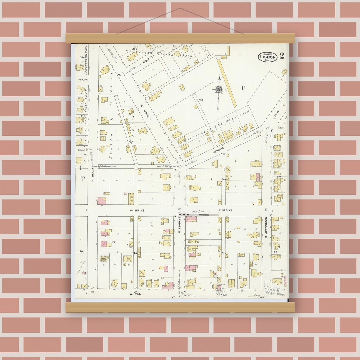 Old map wall art mockup — magnetic wood frame on brick wall — Sanborn Fire Insurance Map from Lisbon, Columbiana County, Ohio (1909), Sheet #0002