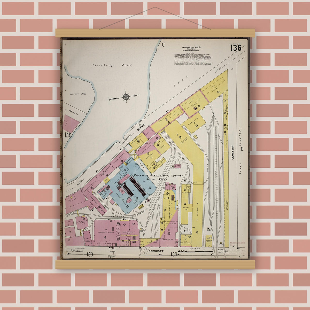 Old map wall art mockup — magnetic wood frame on brick wall — Sanborn Fire Insurance Map from Worcester, Worcester County, Massachusetts (1910), Sheet #0136