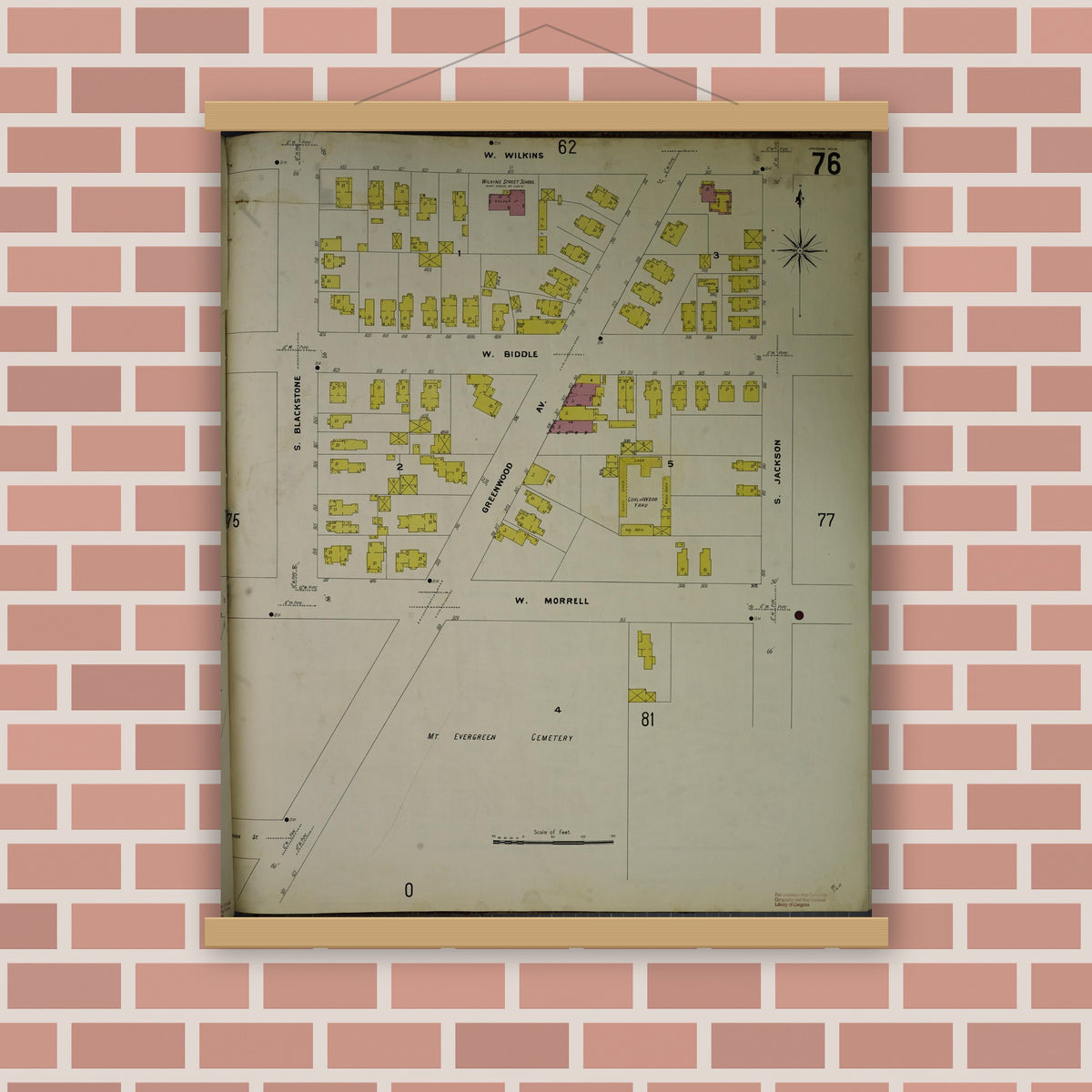 Old map wall art mockup — magnetic wood frame on brick wall — Sanborn Fire Insurance Map from Jackson, Jackson County, Michigan (1907), Sheet #0076
