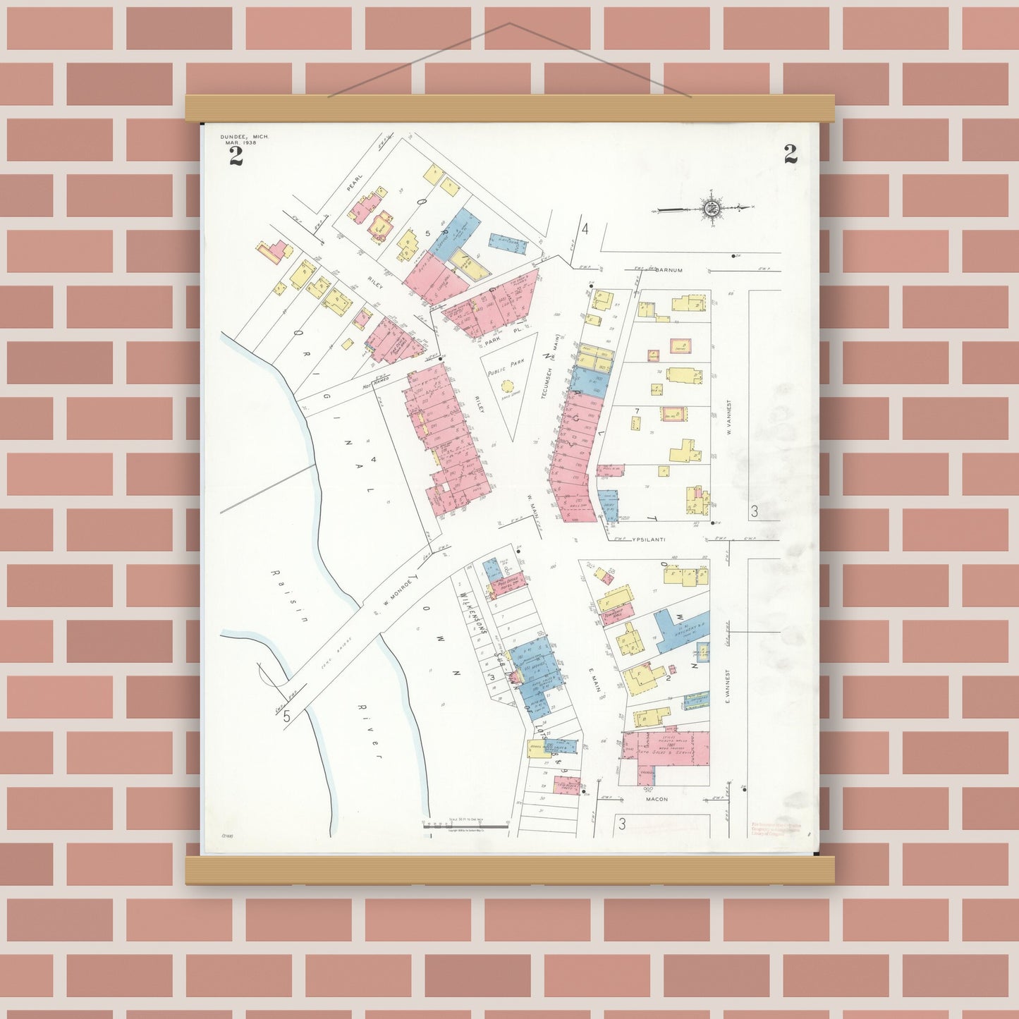 Old map wall art mockup — magnetic wood frame on brick wall — Sanborn Fire Insurance Map from Dundee, Monroe County, Michigan (1938), Sheet #0002
