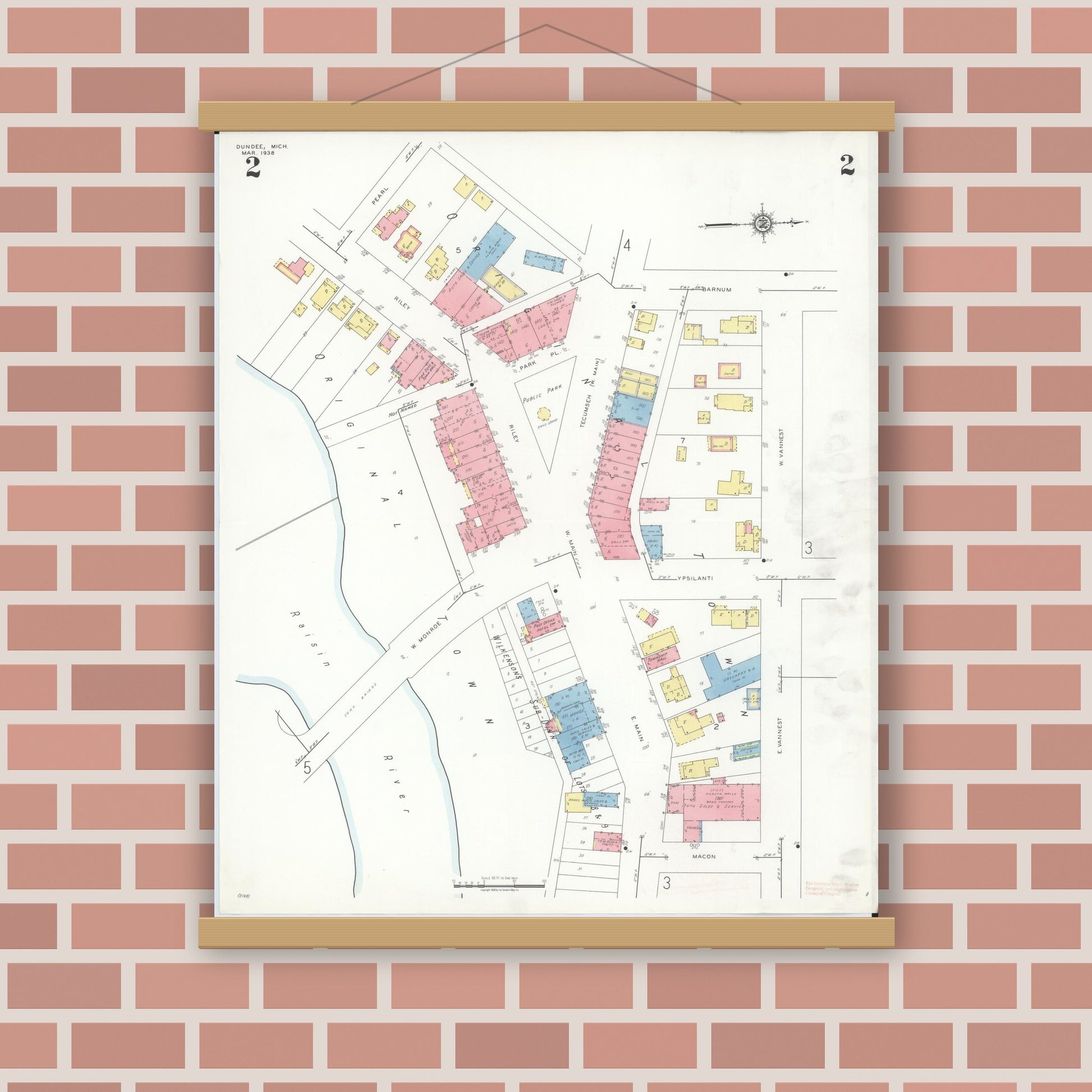 Old map wall art mockup — magnetic wood frame on brick wall — Sanborn Fire Insurance Map from Dundee, Monroe County, Michigan (1938), Sheet #0002
