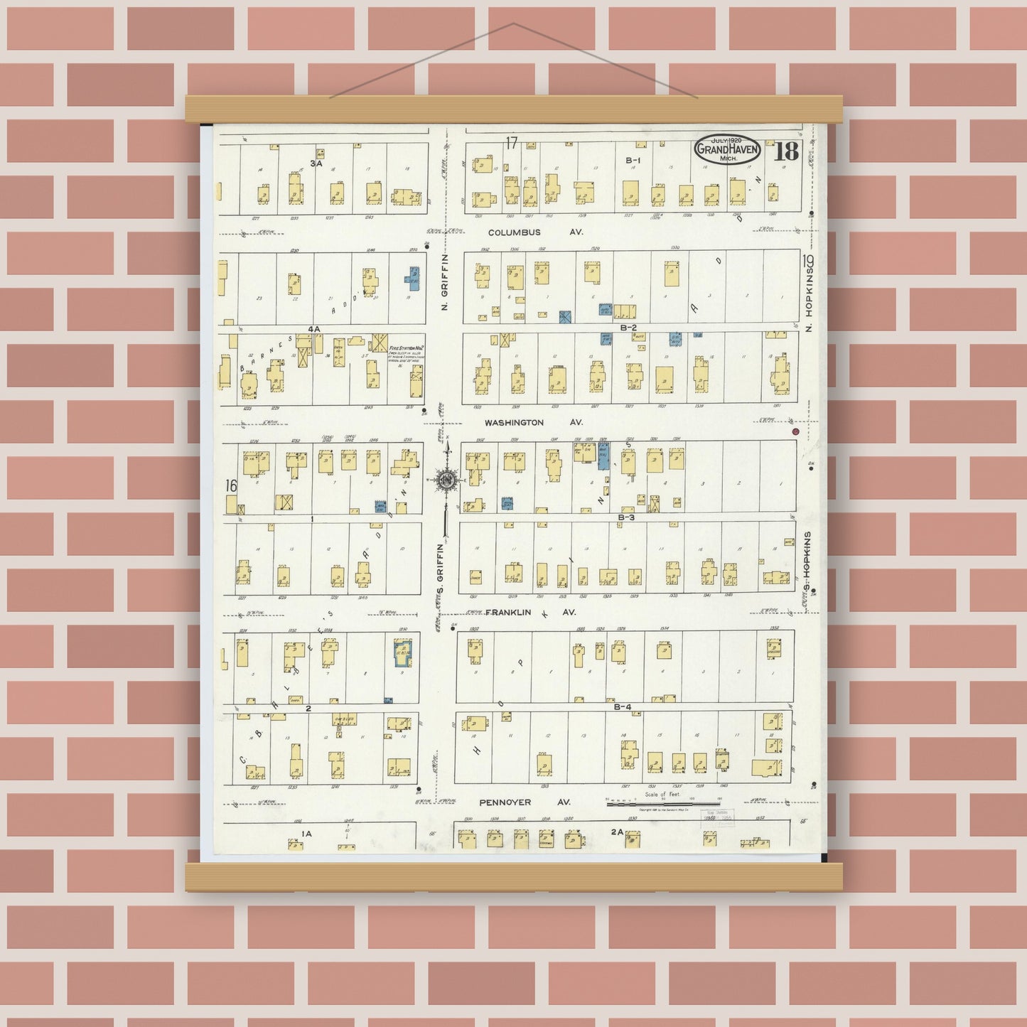 Old map wall art mockup — magnetic wood frame on brick wall — Sanborn Fire Insurance Map from Grand Haven, Ottawa County, Michigan (1920), Sheet #0018