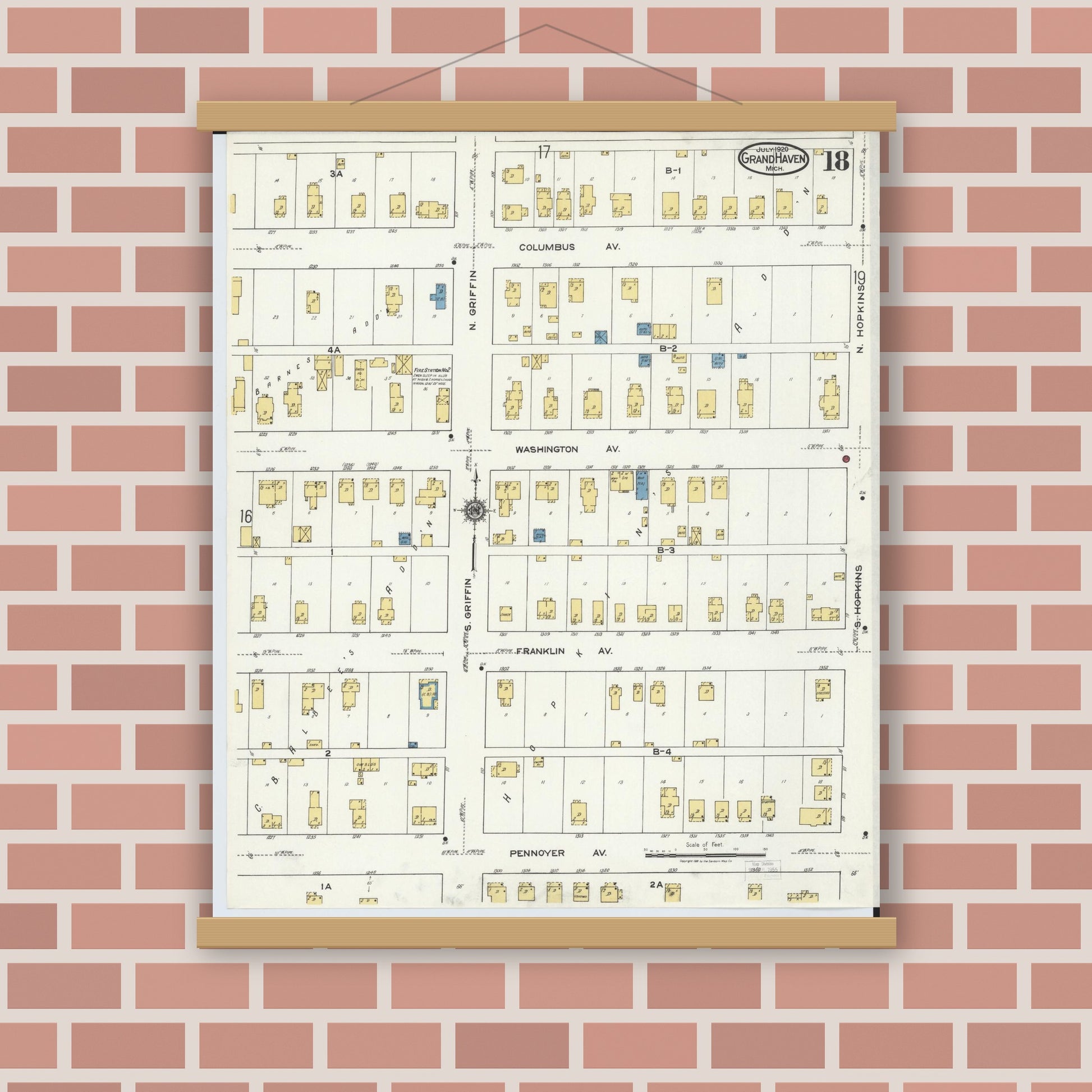 Old map wall art mockup — magnetic wood frame on brick wall — Sanborn Fire Insurance Map from Grand Haven, Ottawa County, Michigan (1920), Sheet #0018
