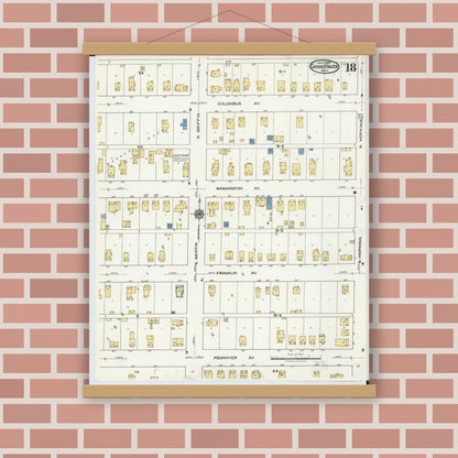 Old map wall art mockup — magnetic wood frame on brick wall — Sanborn Fire Insurance Map from Grand Haven, Ottawa County, Michigan (1920), Sheet #0018