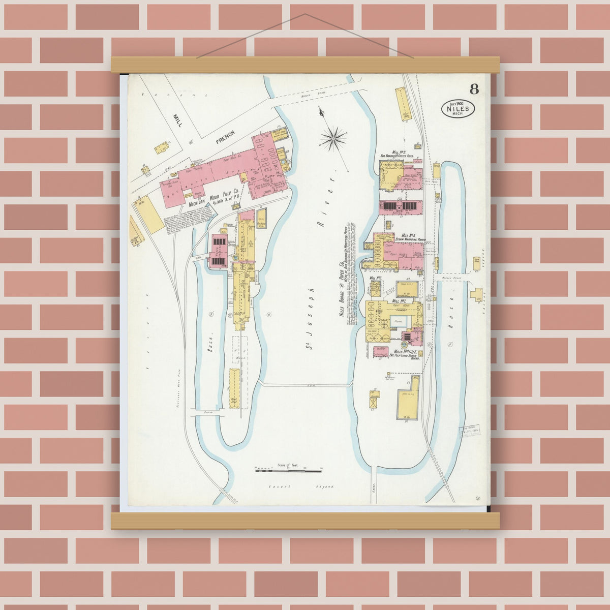 Old map wall art mockup — magnetic wood frame on brick wall — Sanborn Fire Insurance Map from Niles, Berrien County, Michigan (1900), Sheet #0008