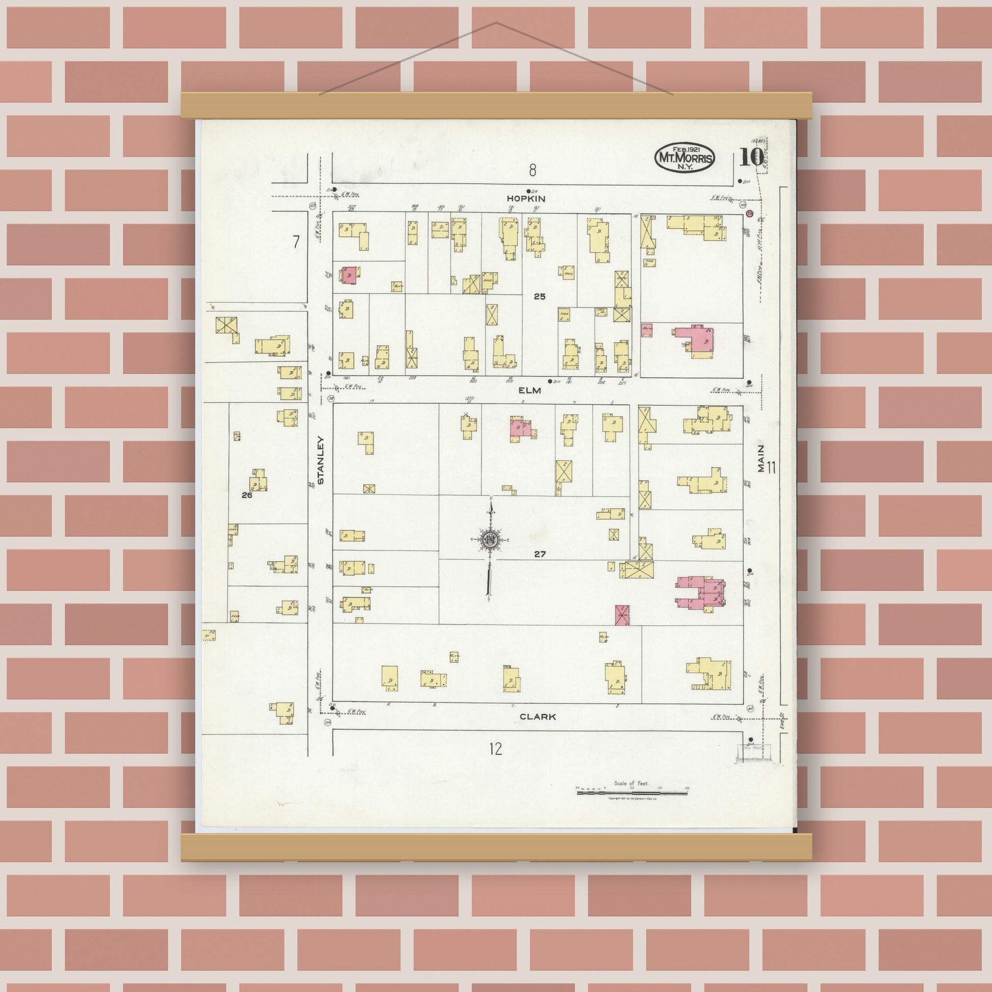 Old map wall art mockup — magnetic wood frame on brick wall — Sanborn Fire Insurance Map from Mount Morris, Livingston County, New York (1921), Sheet #0010