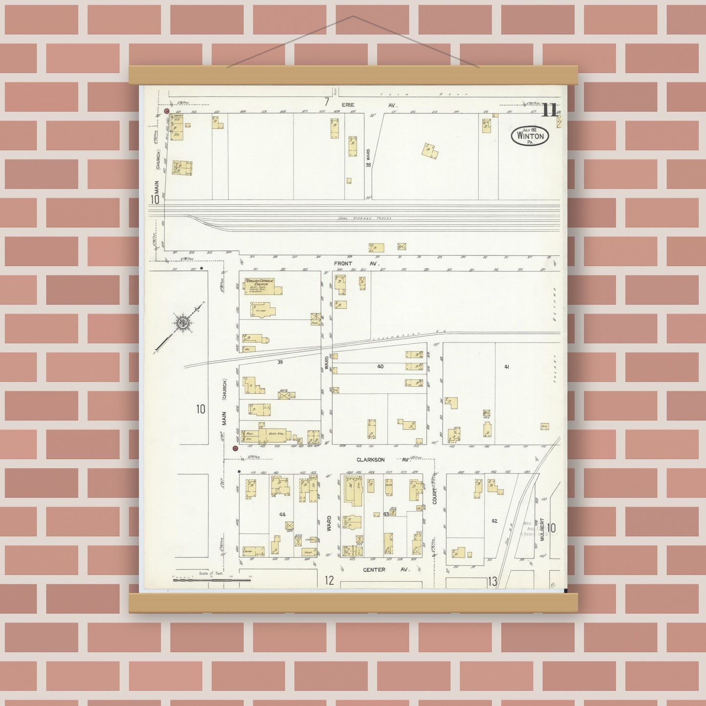 Old map wall art mockup — magnetic wood frame on brick wall — Sanborn Fire Insurance Map from Winton, Lackawanna County, Pennsylvania (1912), Sheet #0011