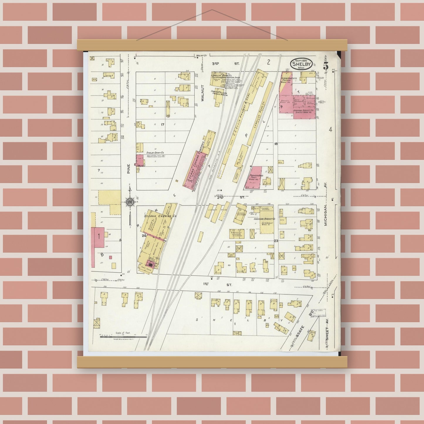 Old map wall art mockup — magnetic wood frame on brick wall — Sanborn Fire Insurance Map from Shelby, Oceana County, Michigan (1920), Sheet #0005