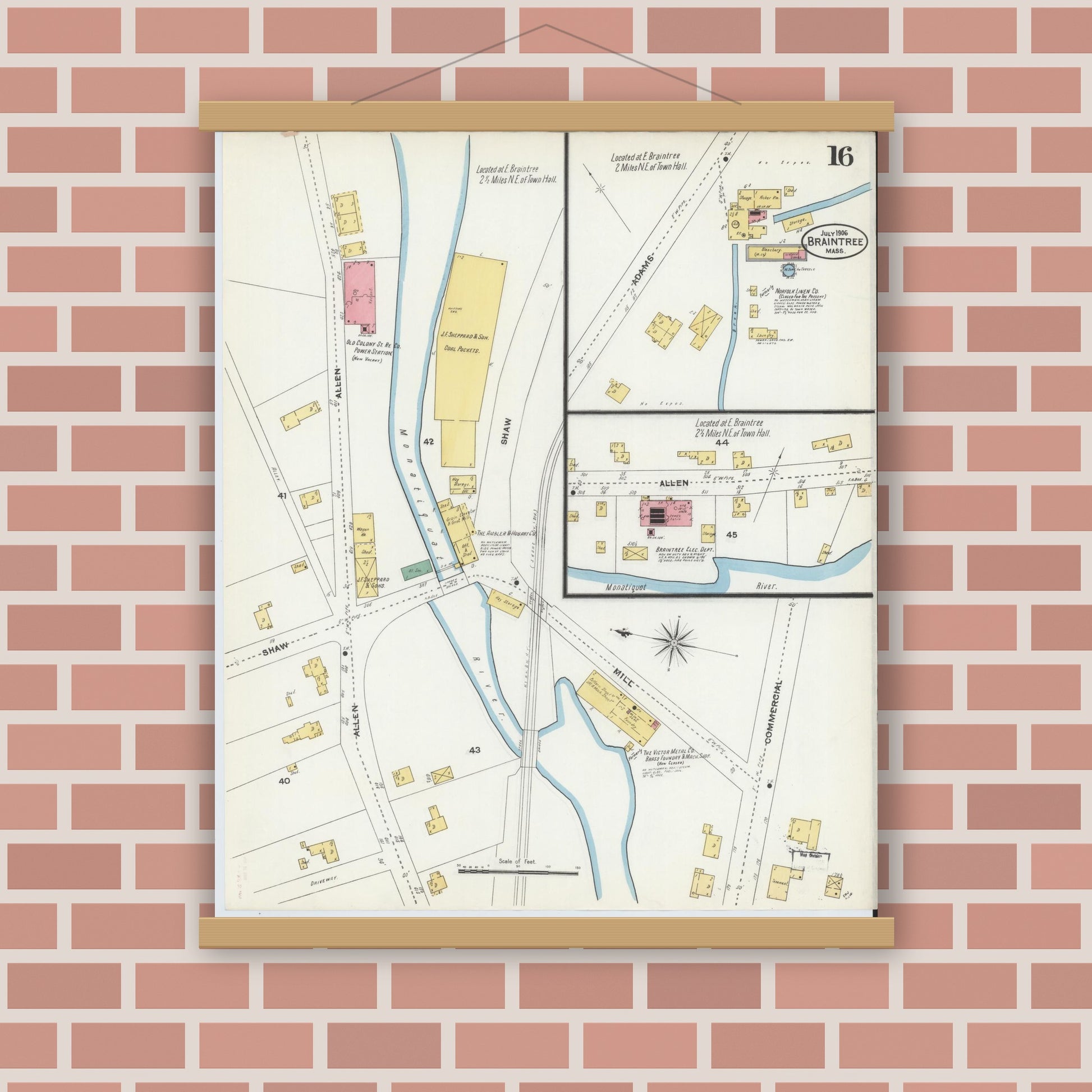 Old map wall art mockup — magnetic wood frame on brick wall — Sanborn Fire Insurance Map from Braintree, Norfolk County, Massachusetts (1906), Sheet #0016