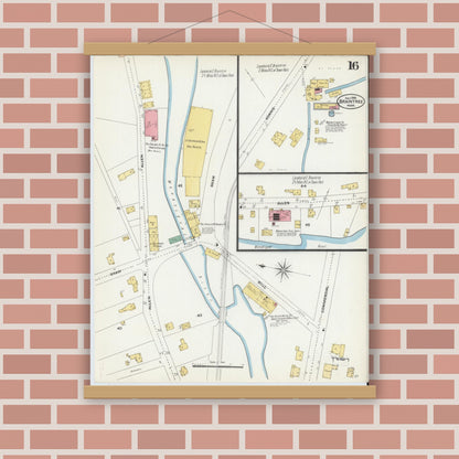 Old map wall art mockup — magnetic wood frame on brick wall — Sanborn Fire Insurance Map from Braintree, Norfolk County, Massachusetts (1906), Sheet #0016