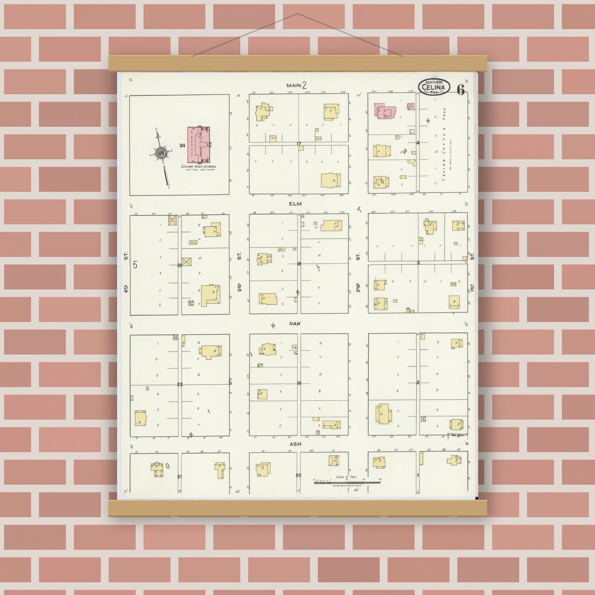 Old map wall art mockup — magnetic wood frame on brick wall — Sanborn Fire Insurance Map from Celina, Collin County, Texas (1920), Sheet #0006