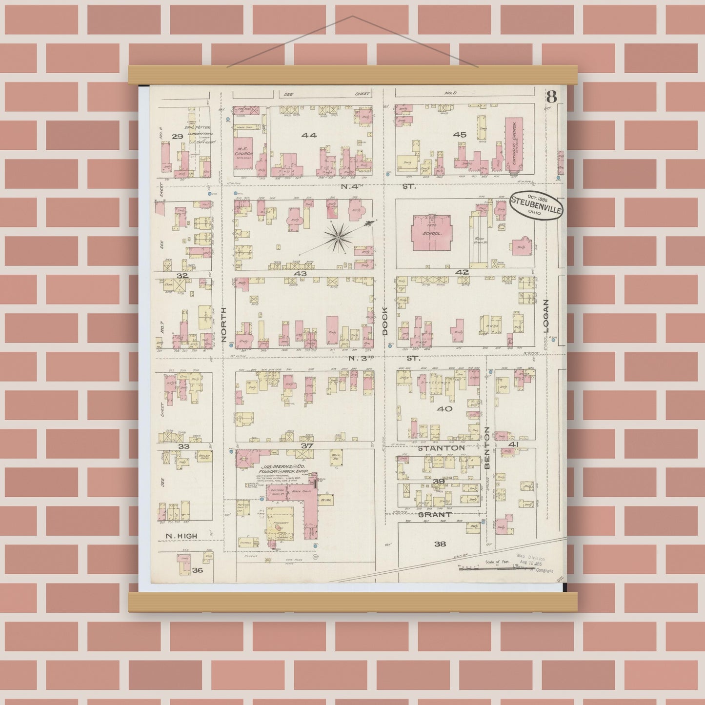 Old map wall art mockup — magnetic wood frame on brick wall — Sanborn Fire Insurance Map from Steubenville, Jefferson County, Ohio (1885), Sheet #0008
