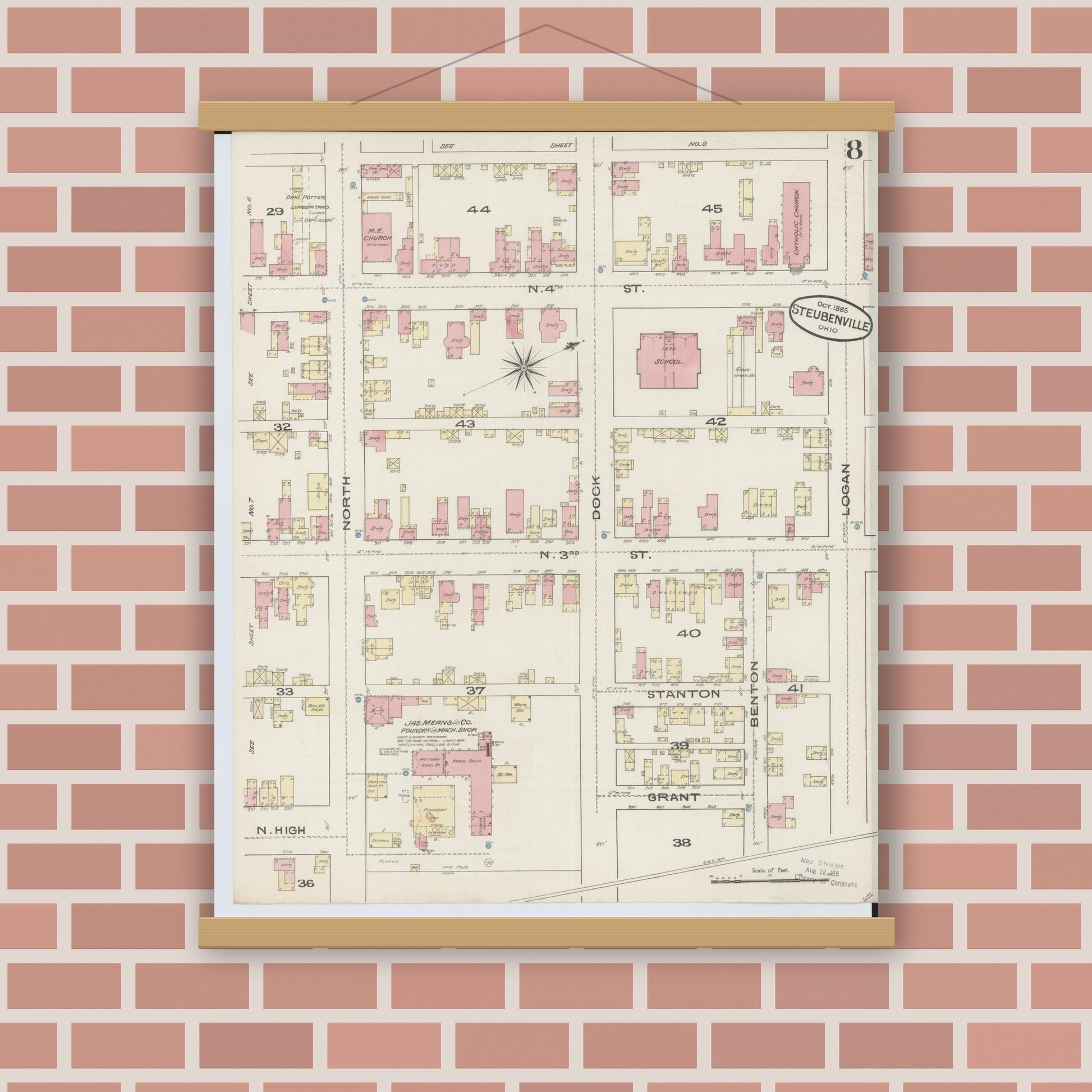 Old map wall art mockup — magnetic wood frame on brick wall — Sanborn Fire Insurance Map from Steubenville, Jefferson County, Ohio (1885), Sheet #0008