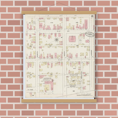 Old map wall art mockup — magnetic wood frame on brick wall — Sanborn Fire Insurance Map from Steubenville, Jefferson County, Ohio (1885), Sheet #0008