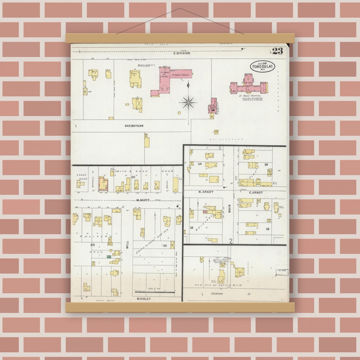 Old map wall art mockup — magnetic wood frame on brick wall — Sanborn Fire Insurance Map from Fond du Lac, Fond du Lac County, Wisconsin (1898), Sheet #0023