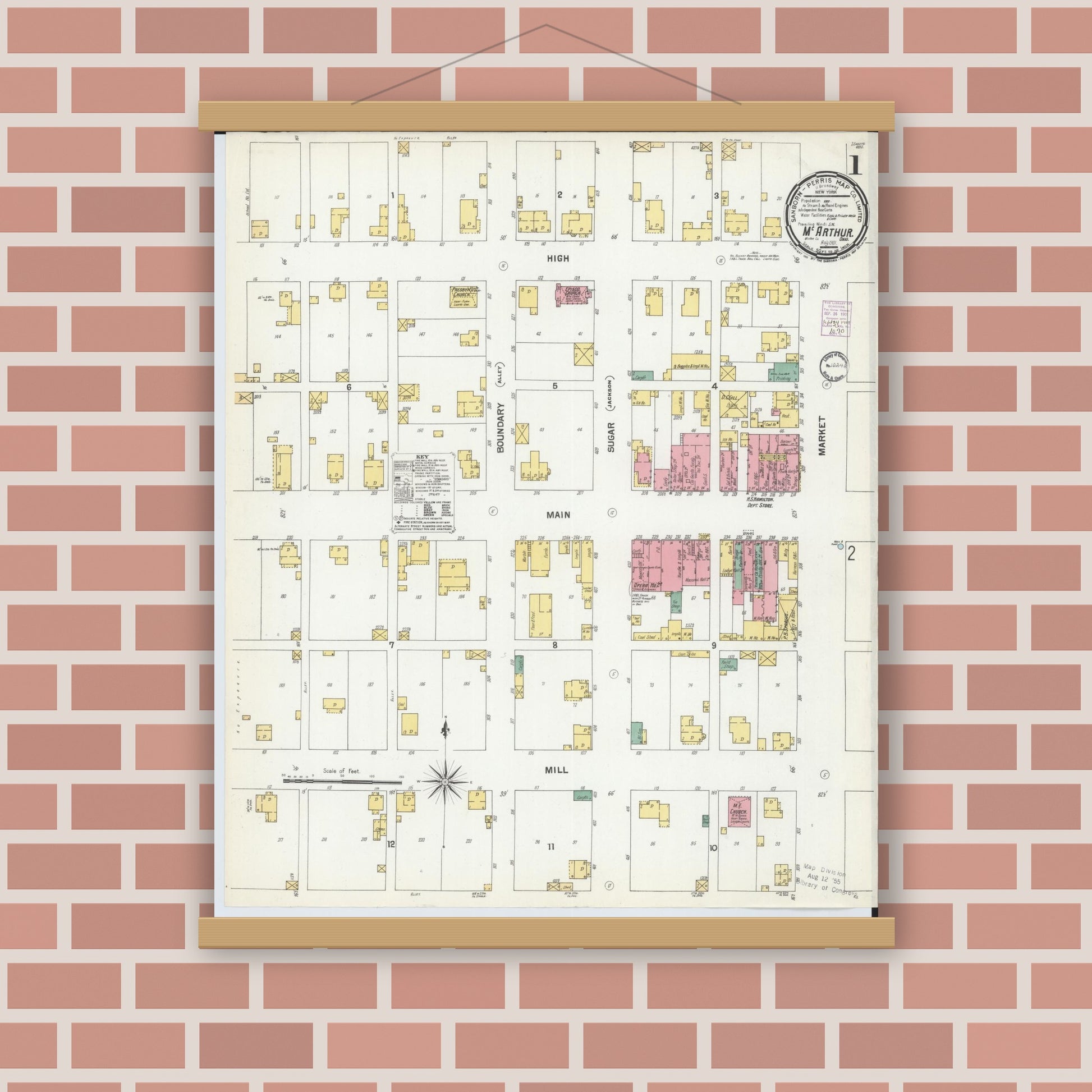 Old map wall art mockup — magnetic wood frame on brick wall — Sanborn Fire Insurance Map from McArthur, Vinton County, Ohio (1901), Sheet #0001