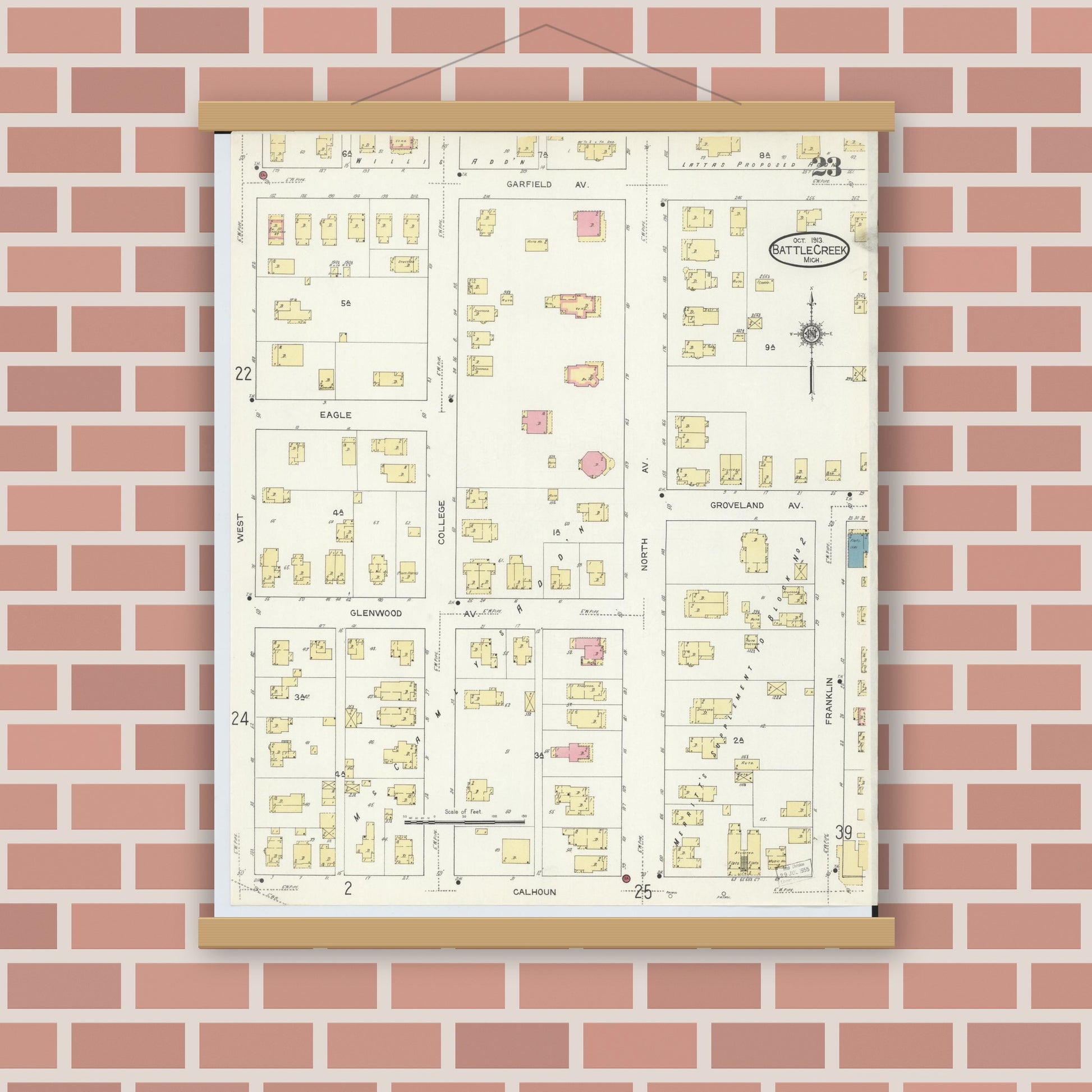 Old map wall art mockup — magnetic wood frame on brick wall — Sanborn Fire Insurance Map from Battle Creek, Calhoun County, Michigan (1913), Sheet #0023