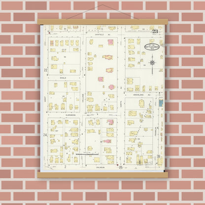 Old map wall art mockup — magnetic wood frame on brick wall — Sanborn Fire Insurance Map from Battle Creek, Calhoun County, Michigan (1913), Sheet #0023