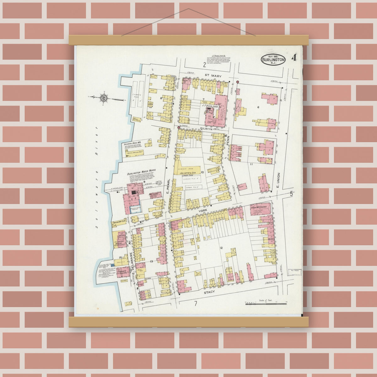 Old map wall art mockup — magnetic wood frame on brick wall — Sanborn Fire Insurance Map from Burlington, Burlington County, New Jersey (1915), Sheet #0004