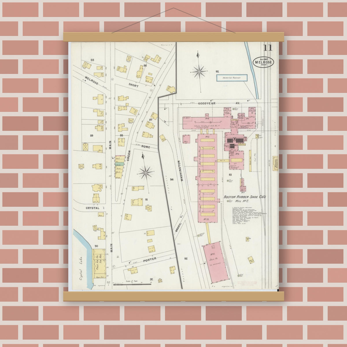 Old map wall art mockup — magnetic wood frame on brick wall — Sanborn Fire Insurance Map from Melrose, Middlesex County, Massachusetts (1897), Sheet #0011