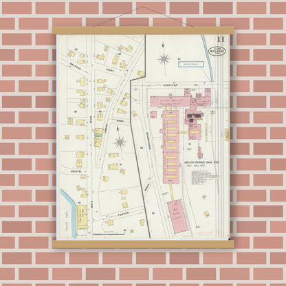 Old map wall art mockup — magnetic wood frame on brick wall — Sanborn Fire Insurance Map from Melrose, Middlesex County, Massachusetts (1897), Sheet #0011