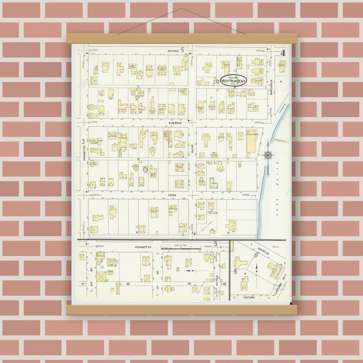 Old map wall art mockup — magnetic wood frame on brick wall — Sanborn Fire Insurance Map from West Palm Beach, Dade County, Florida (1912), Sheet #0004