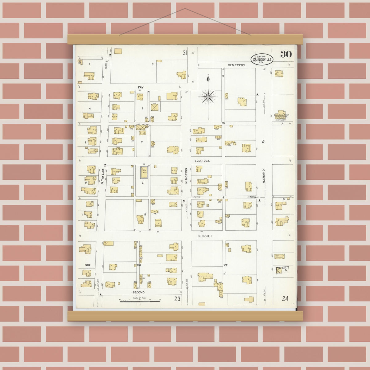 Old map wall art mockup — magnetic wood frame on brick wall — Sanborn Fire Insurance Map from Gainesville, Cooke County, Texas (1908), Sheet #0030