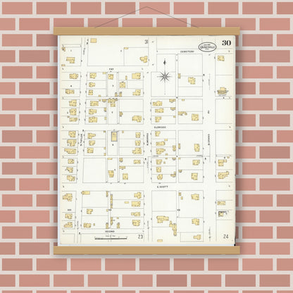 Old map wall art mockup — magnetic wood frame on brick wall — Sanborn Fire Insurance Map from Gainesville, Cooke County, Texas (1908), Sheet #0030