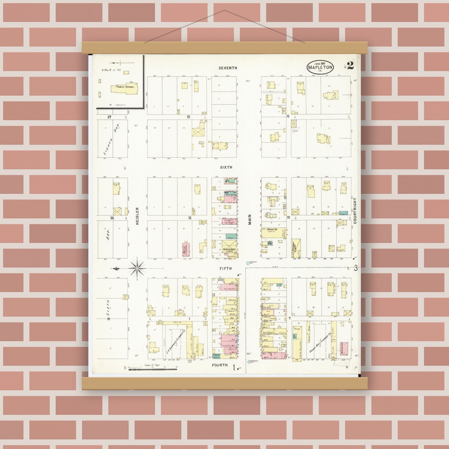 Old map wall art mockup — magnetic wood frame on brick wall — Sanborn Fire Insurance Map from Mapleton, Monona County, Iowa (1897), Sheet #0002