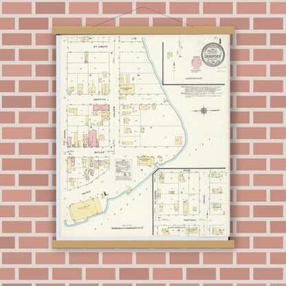 Old map wall art mockup — magnetic wood frame on brick wall — Sanborn Fire Insurance Map from Saugatuck, Allegan County, Michigan (1910) - Complete Map Set