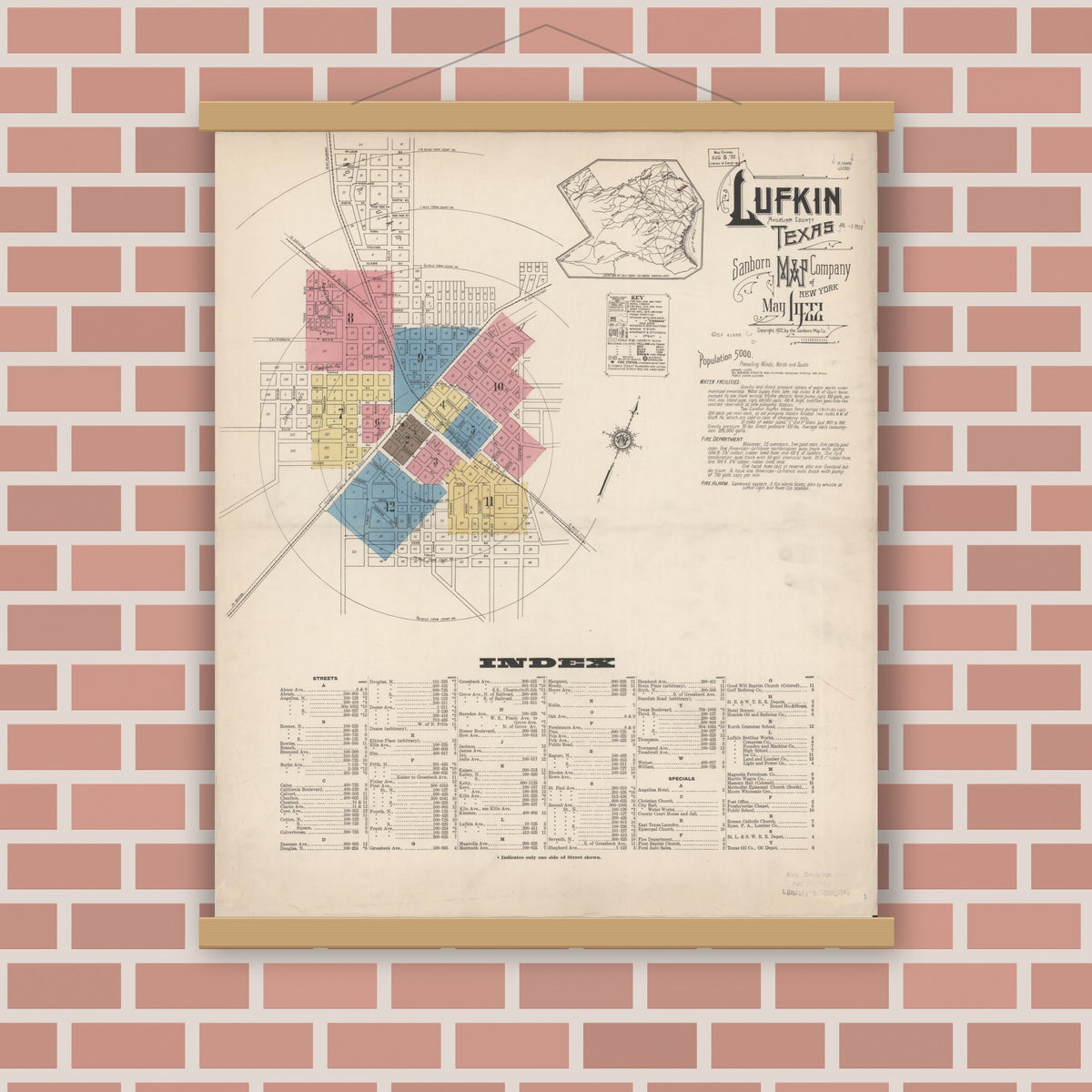 Old map wall art mockup — magnetic wood frame on brick wall — Sanborn Fire Insurance Map from Lufkin, Angelina County, Texas (1922) - Complete Map Set