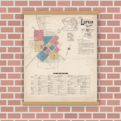 Old map wall art mockup — magnetic wood frame on brick wall — Sanborn Fire Insurance Map from Lufkin, Angelina County, Texas (1922) - Complete Map Set
