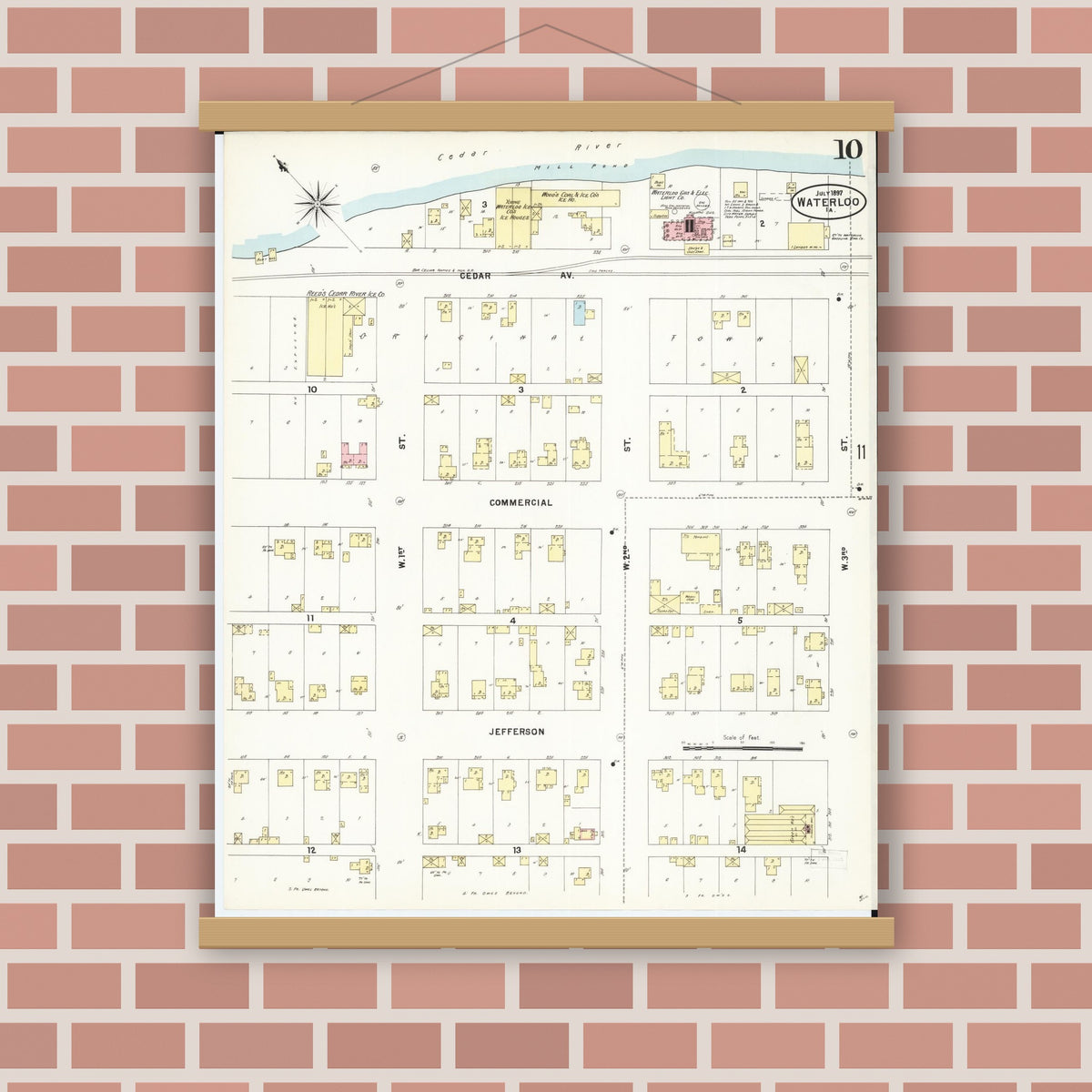Old map wall art mockup — magnetic wood frame on brick wall — Sanborn Fire Insurance Map from Waterloo, Black Hawk County, Iowa (1897), Sheet #0010