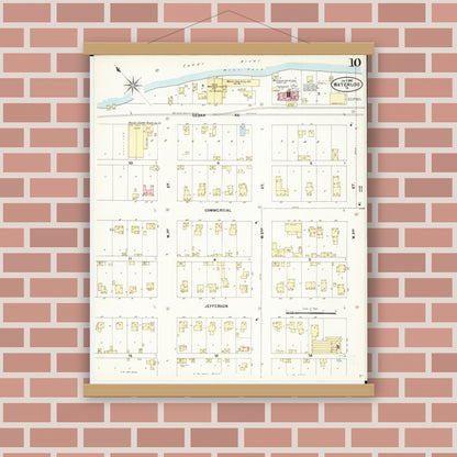Old map wall art mockup — magnetic wood frame on brick wall — Sanborn Fire Insurance Map from Waterloo, Black Hawk County, Iowa (1897), Sheet #0010