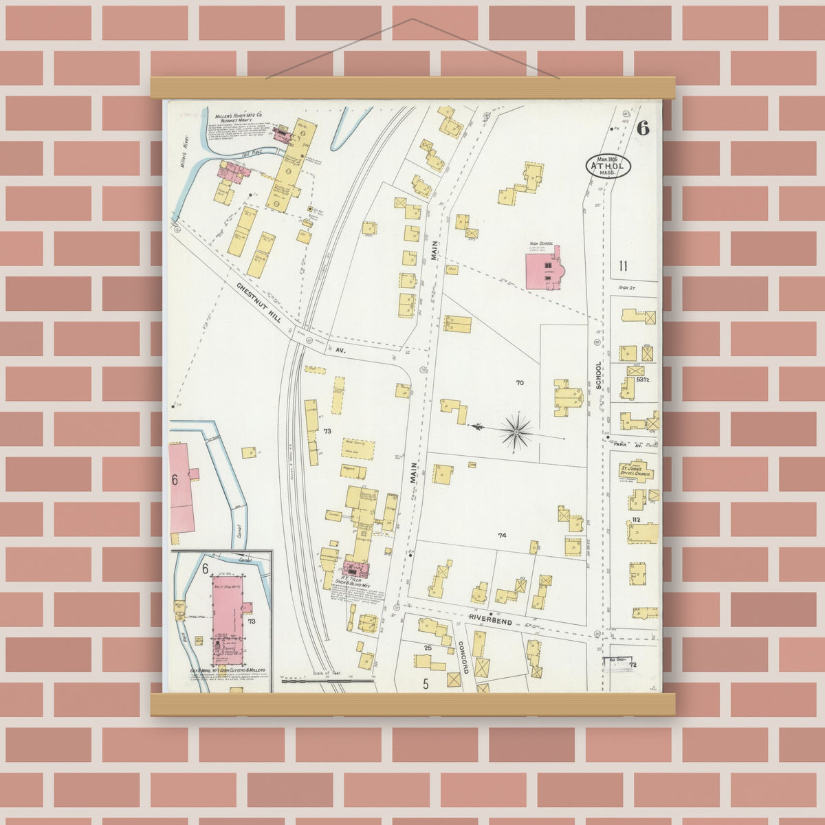 Old map wall art mockup — magnetic wood frame on brick wall — Sanborn Fire Insurance Map from Athol, Worcester County, Massachusetts (1905), Sheet #0006