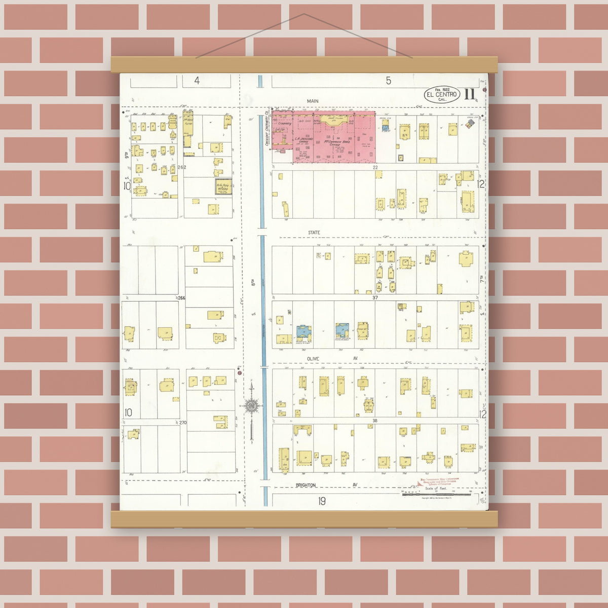 Old map wall art mockup — magnetic wood frame on brick wall — Sanborn Fire Insurance Map from El Centro, Imperial County, California (1922), Sheet #0011