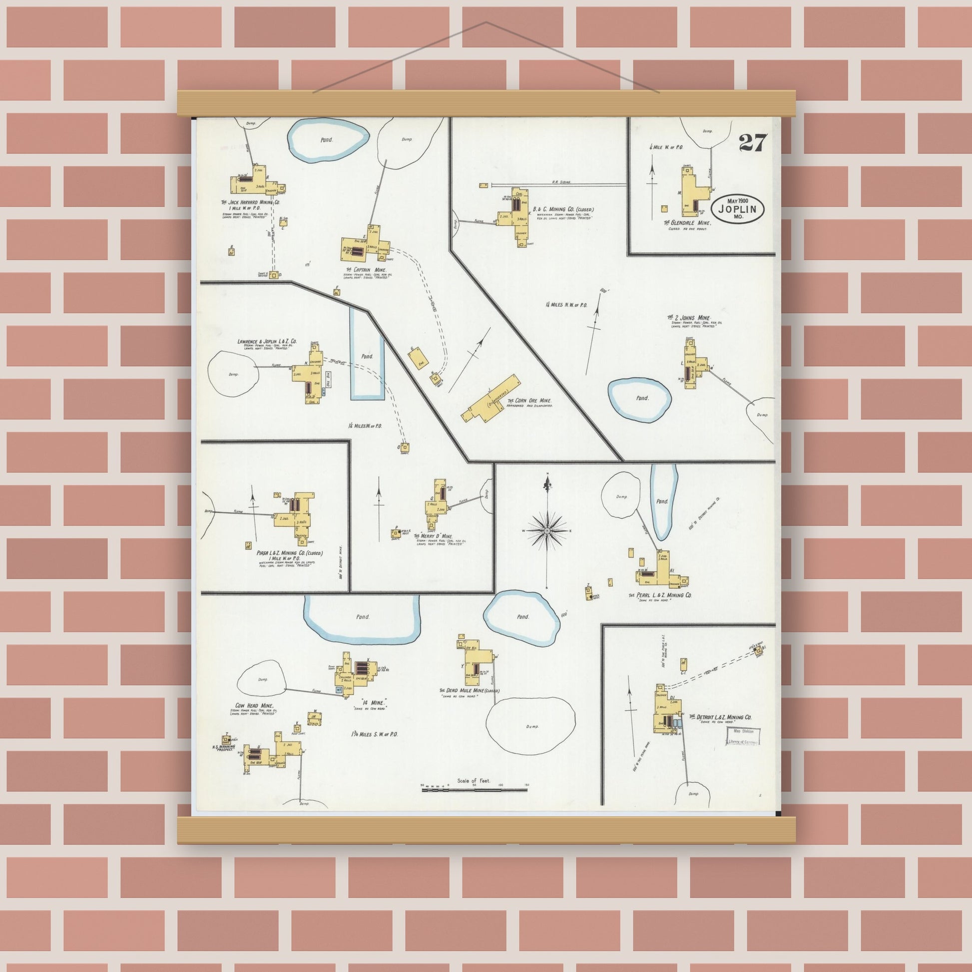 Old map wall art mockup — magnetic wood frame on brick wall — Sanborn Fire Insurance Map from Joplin, Jasper County, Missouri (1900), Sheet #0027