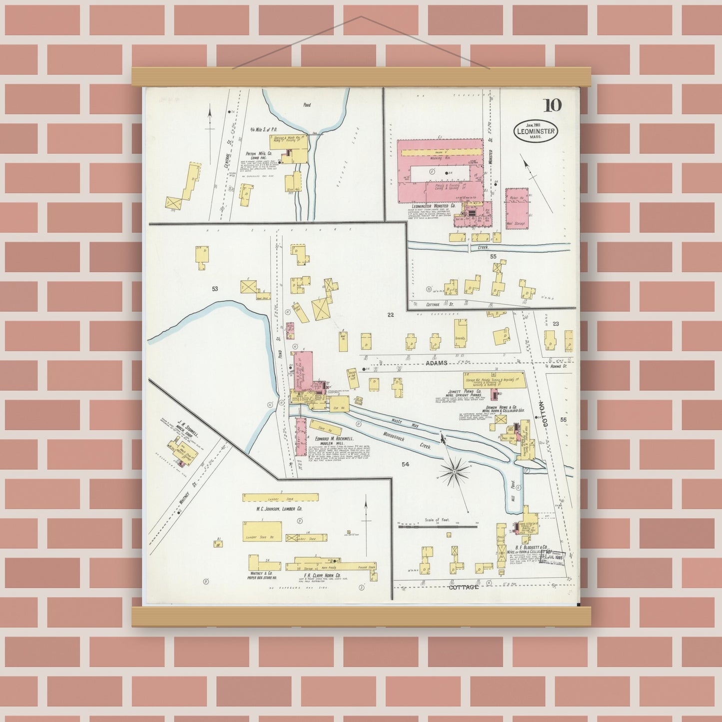 Old map wall art mockup — magnetic wood frame on brick wall — Sanborn Fire Insurance Map from Leominster, Worcester County, Massachusetts (1901), Sheet #0010