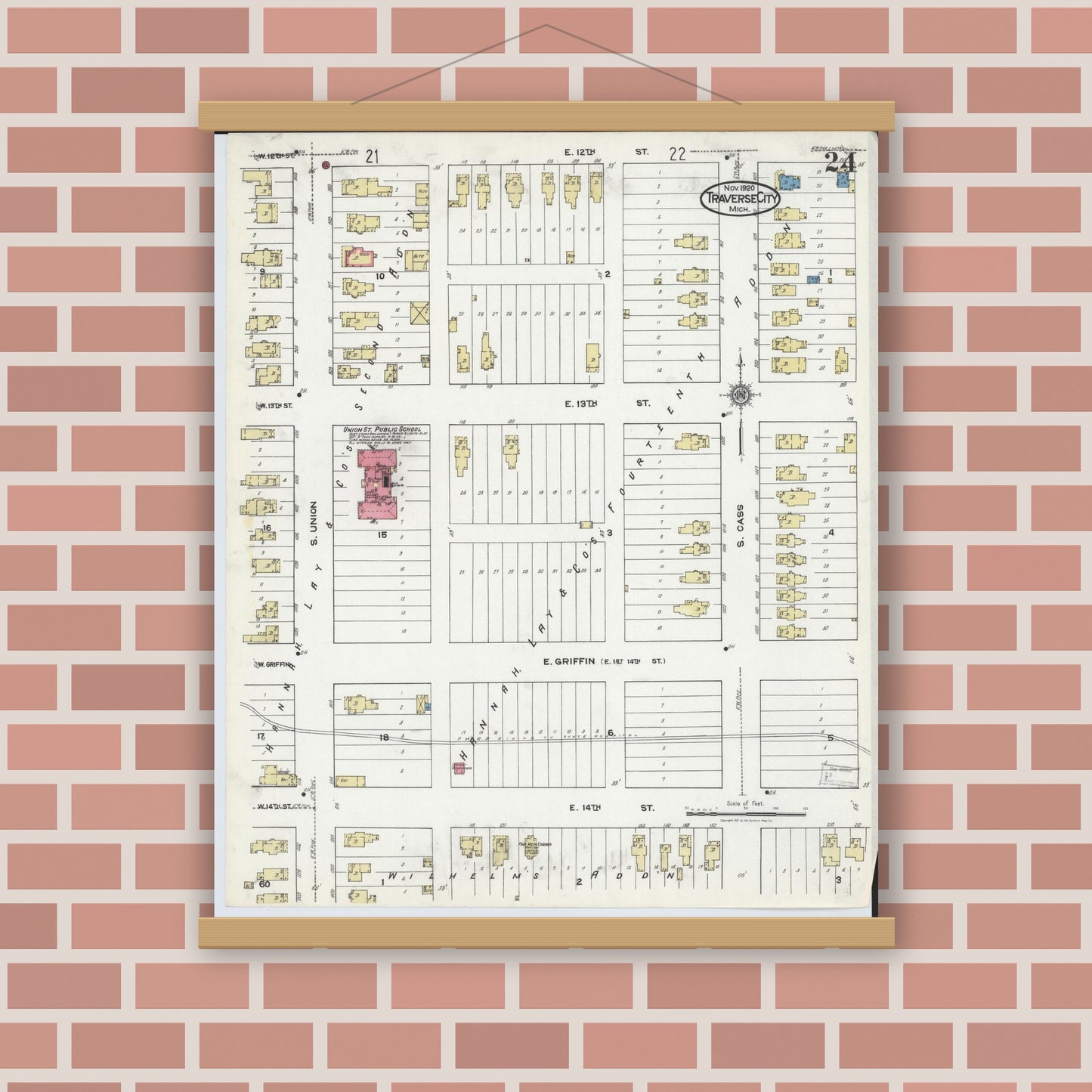 Old map wall art mockup — magnetic wood frame on brick wall — Sanborn Fire Insurance Map from Traverse City, Grand Traverse County, Michigan (1920), Sheet #0024