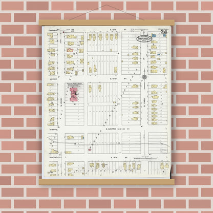 Old map wall art mockup — magnetic wood frame on brick wall — Sanborn Fire Insurance Map from Traverse City, Grand Traverse County, Michigan (1920), Sheet #0024