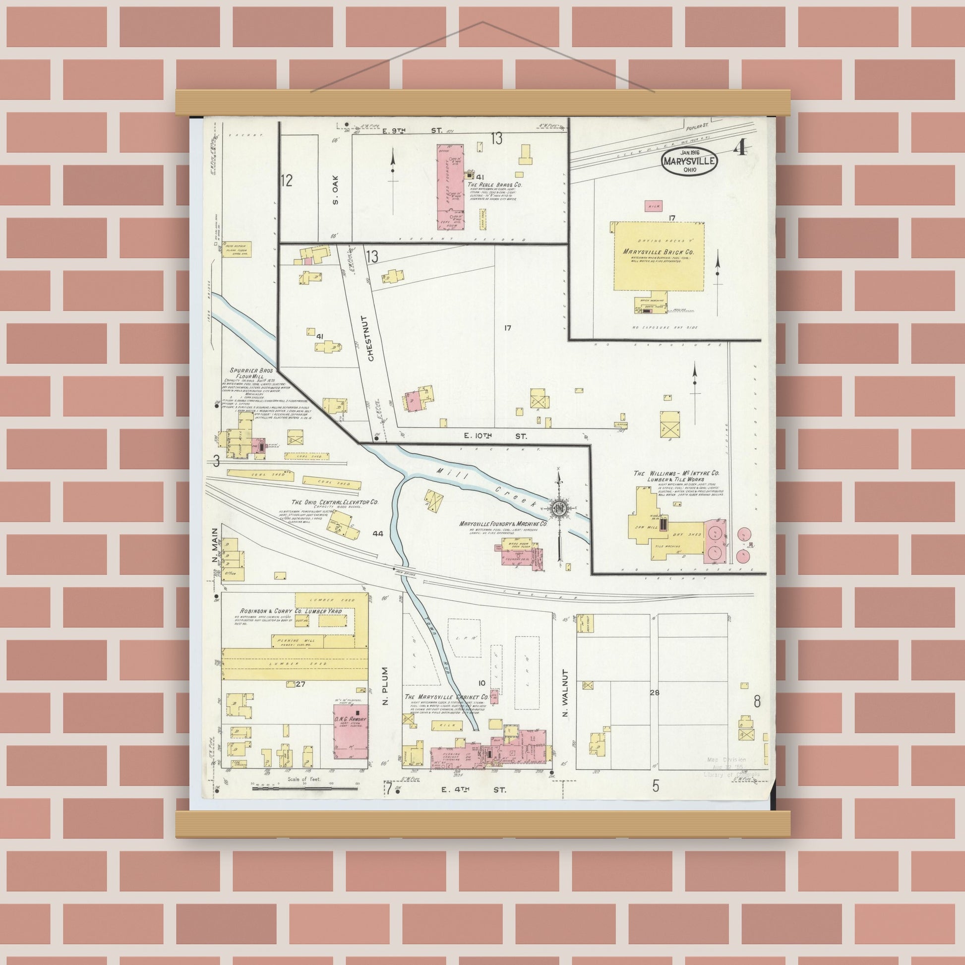 Old map wall art mockup — magnetic wood frame on brick wall — Sanborn Fire Insurance Map from Marysville, Union County, Ohio (1916), Sheet #0004