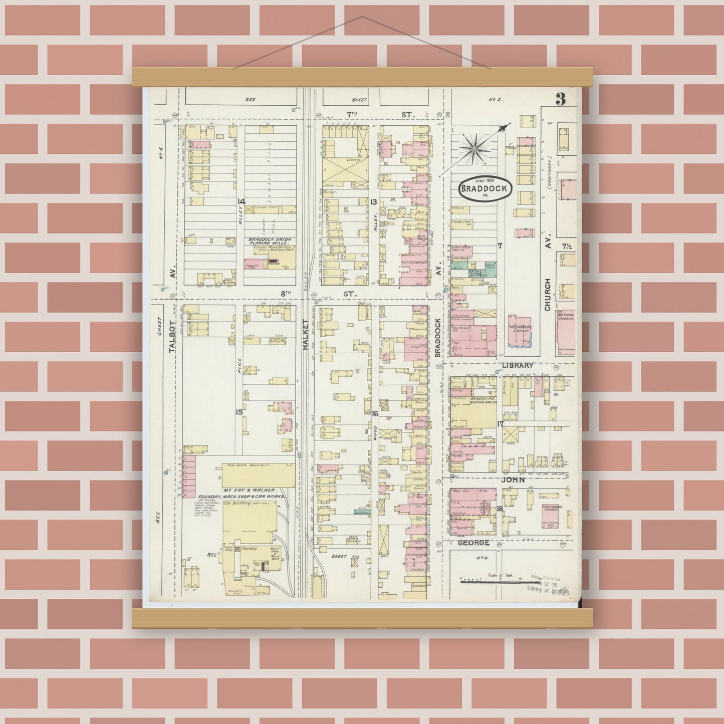 Old map wall art mockup — magnetic wood frame on brick wall — Sanborn Fire Insurance Map from Braddock, Allegheny County, Pennsylvania (1891), Sheet #0003