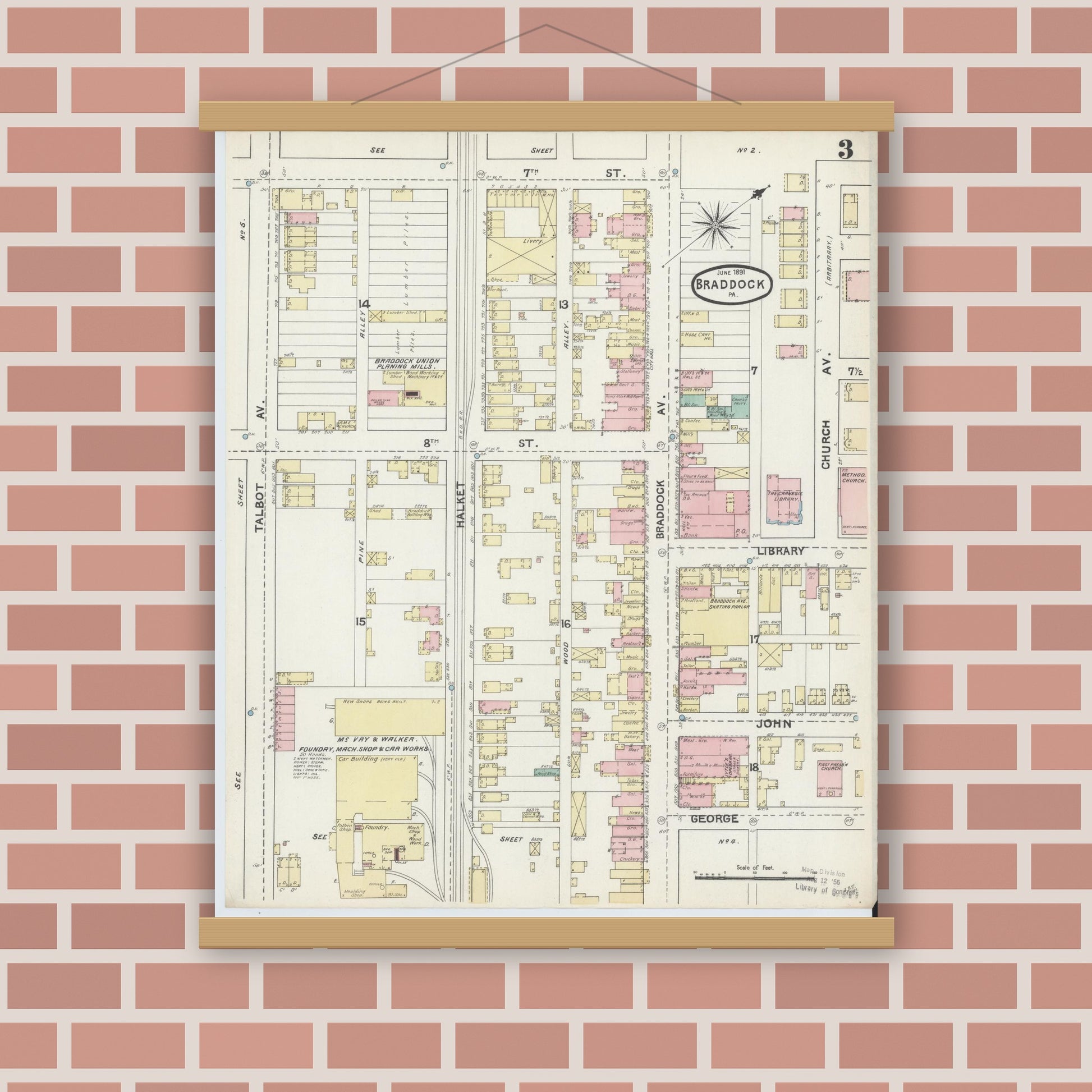 Old map wall art mockup — magnetic wood frame on brick wall — Sanborn Fire Insurance Map from Braddock, Allegheny County, Pennsylvania (1891), Sheet #0003
