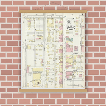 Old map wall art mockup — magnetic wood frame on brick wall — Sanborn Fire Insurance Map from Braddock, Allegheny County, Pennsylvania (1891), Sheet #0003