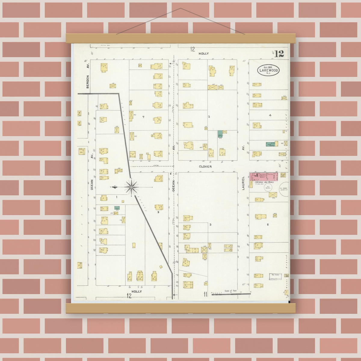 Old map wall art mockup — magnetic wood frame on brick wall — Sanborn Fire Insurance Map from Lakewood, Ocean County, New Jersey (1905), Sheet #0012