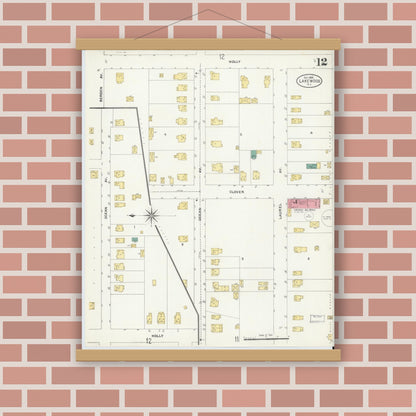 Old map wall art mockup — magnetic wood frame on brick wall — Sanborn Fire Insurance Map from Lakewood, Ocean County, New Jersey (1905), Sheet #0012