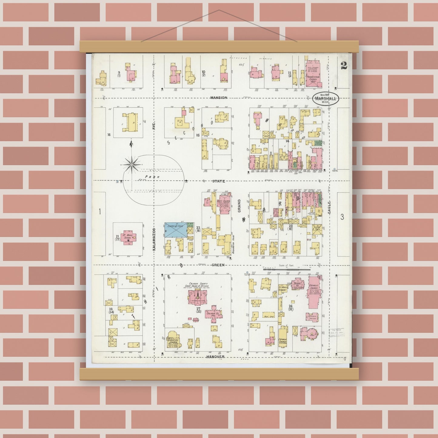 Old map wall art mockup — magnetic wood frame on brick wall — Sanborn Fire Insurance Map from Marshall, Calhoun County, Michigan (1899), Sheet #0002