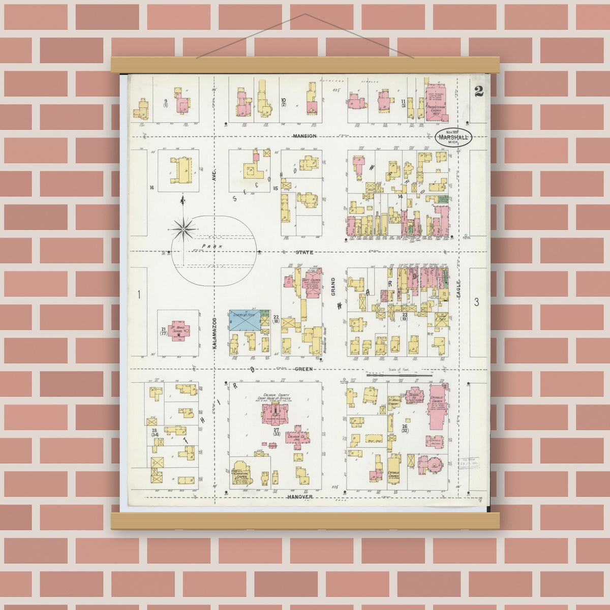 Old map wall art mockup — magnetic wood frame on brick wall — Sanborn Fire Insurance Map from Marshall, Calhoun County, Michigan (1899), Sheet #0002