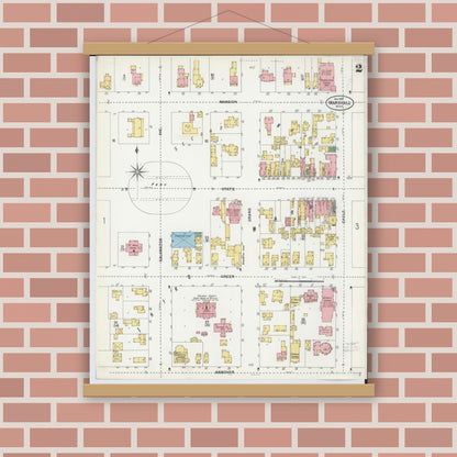 Old map wall art mockup — magnetic wood frame on brick wall — Sanborn Fire Insurance Map from Marshall, Calhoun County, Michigan (1899), Sheet #0002