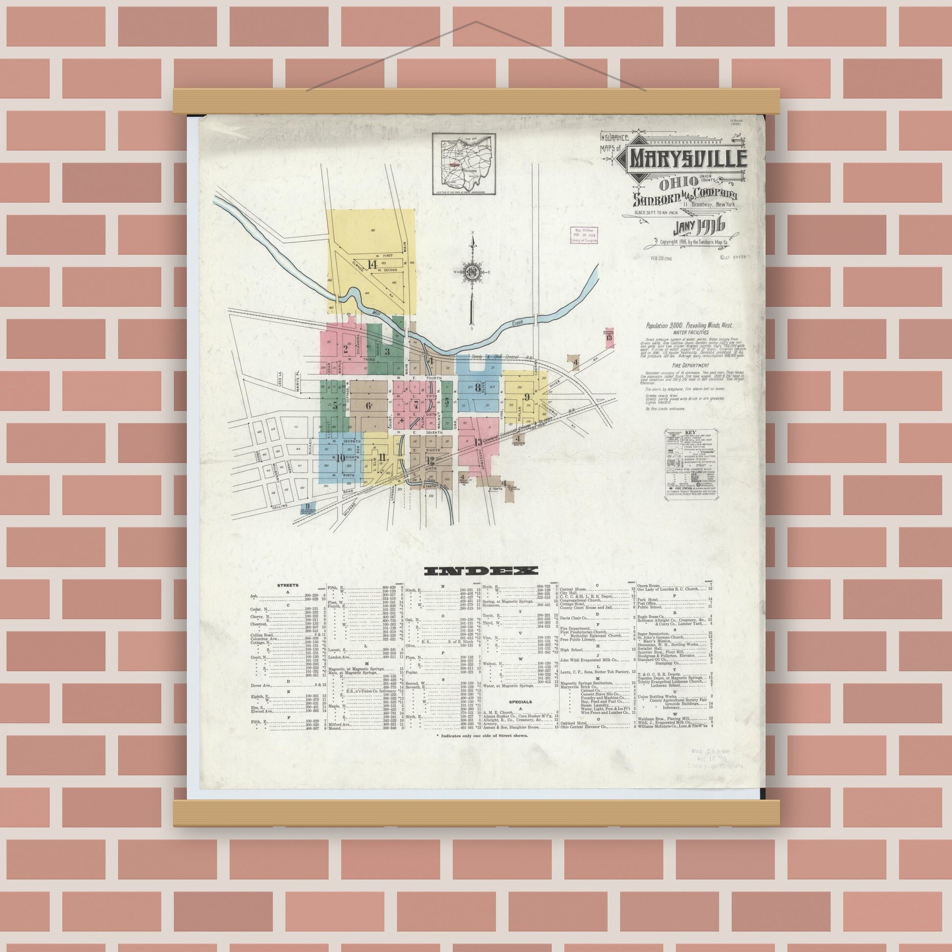 Old map wall art mockup — magnetic wood frame on brick wall — Sanborn Fire Insurance Map from Marysville, Union County, Ohio (1916), Sheet #0001